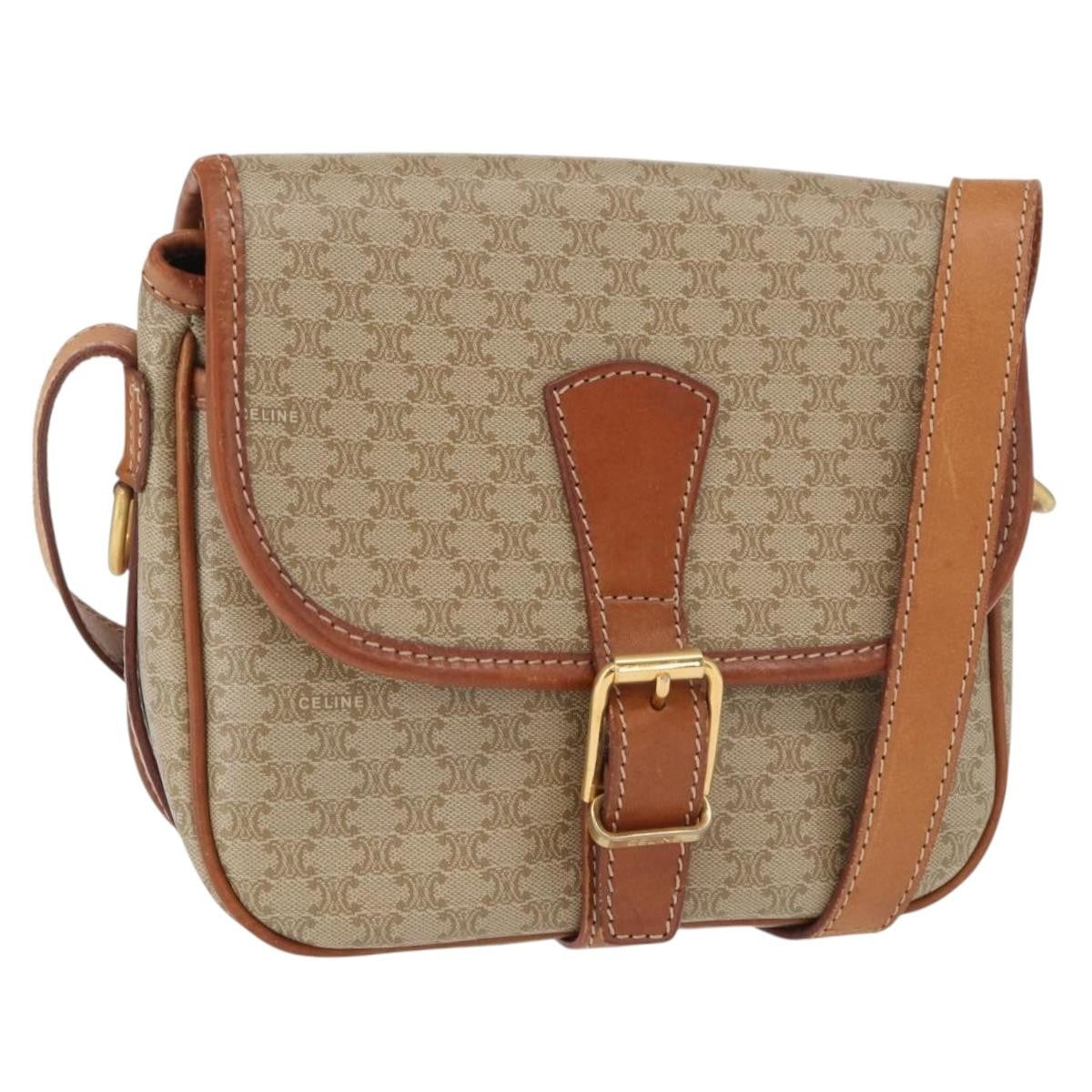 Celine Vintage Macadam Shoulder Bag Canvas and Leather, BEIGE, CANVAS, Shoulder bag