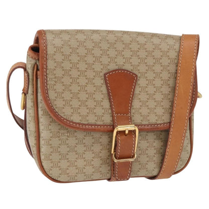 Celine Vintage Macadam Shoulder Bag Canvas and Leather, BEIGE, CANVAS, Shoulder bag