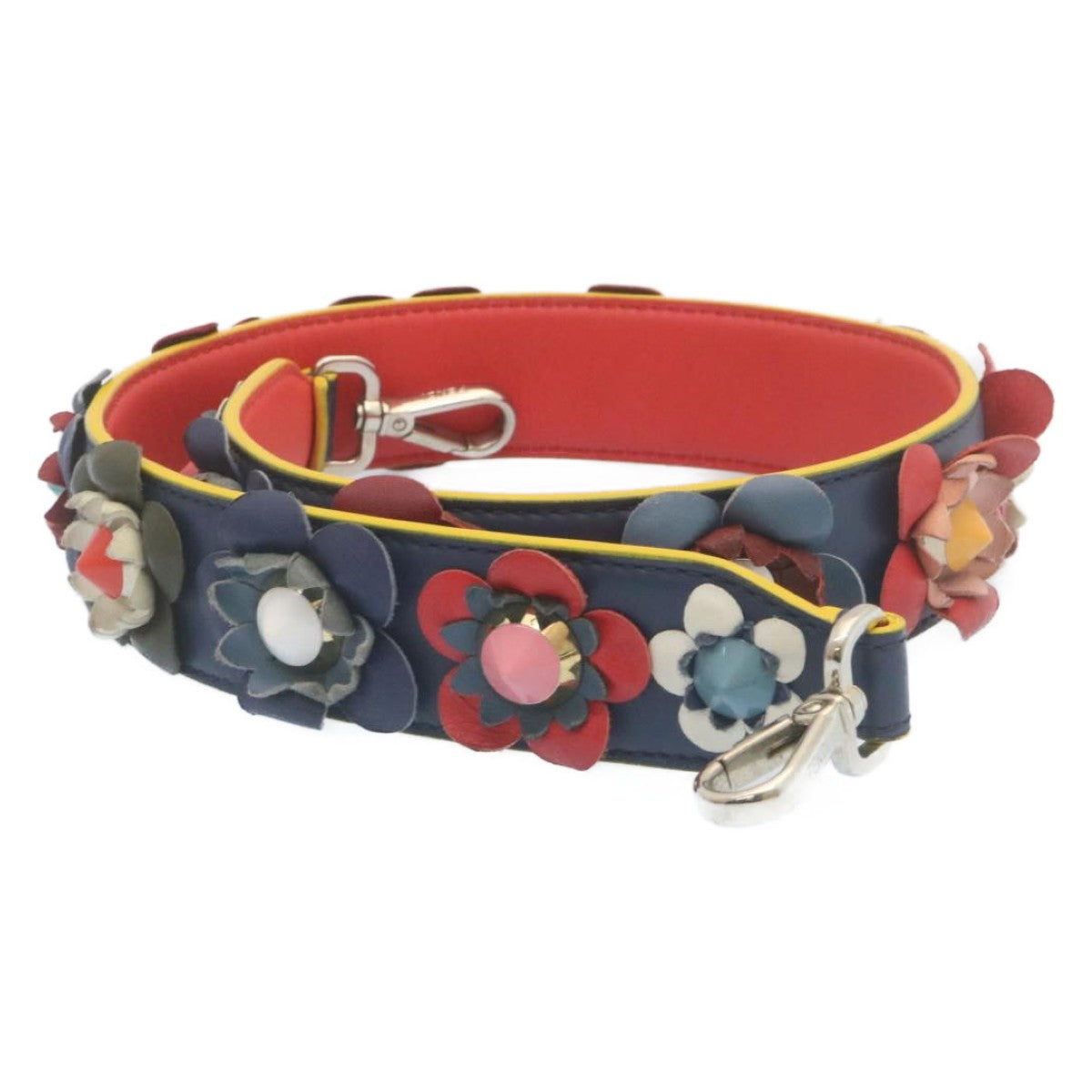 Fendi Flowerland Strap You Shoulder Strap Studded Leather, NAVY, LEATHER, Straps