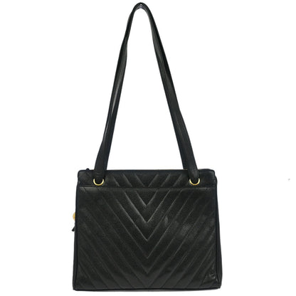 Chanel Vintage Zip Shoulder Bag Chevron Caviar, Black, Leather, Shoulder Bag