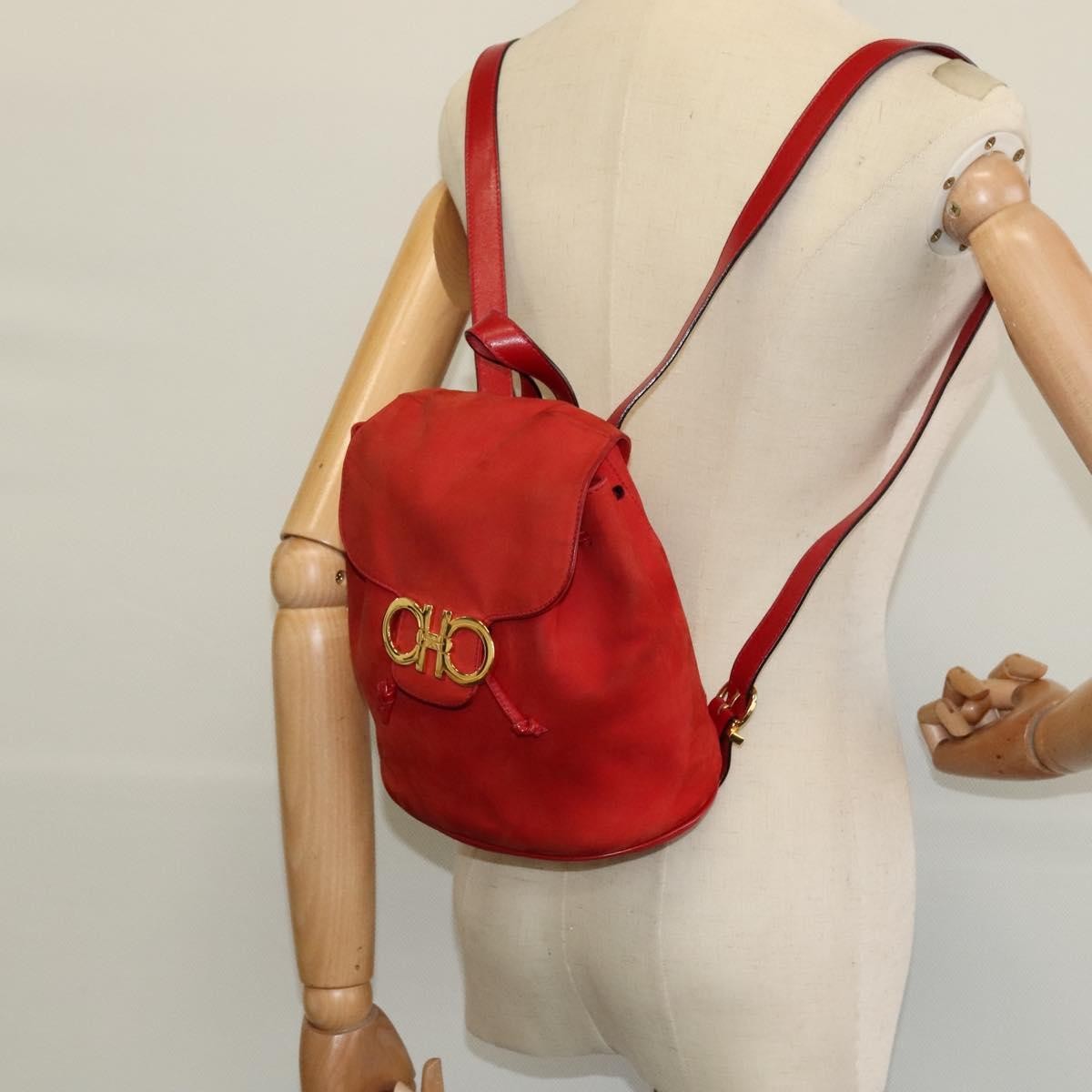 Salvatore Ferragamo Gancini Backpack Suede, RED, SUEDE, Backpack