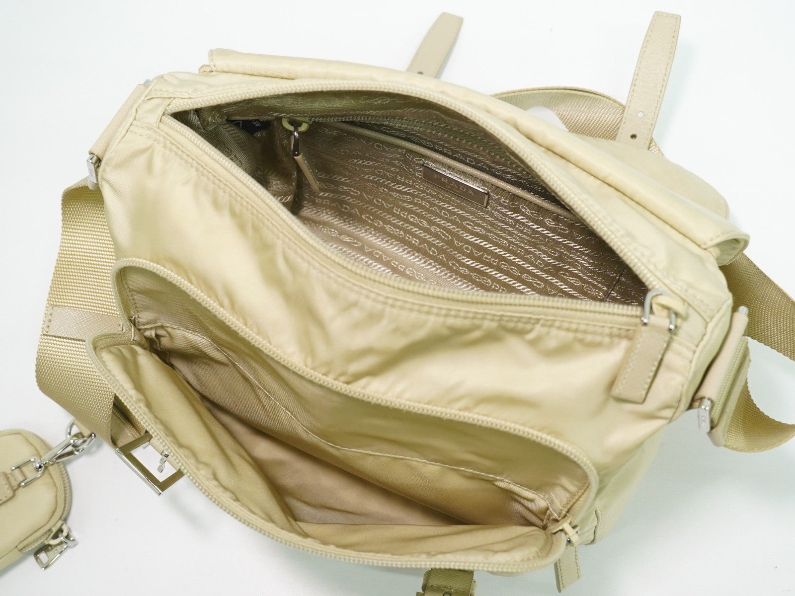 Prada Double Buckle Flap Messenger Bag Re-Nylon, BEIGE, NYLON, Shoulder bag