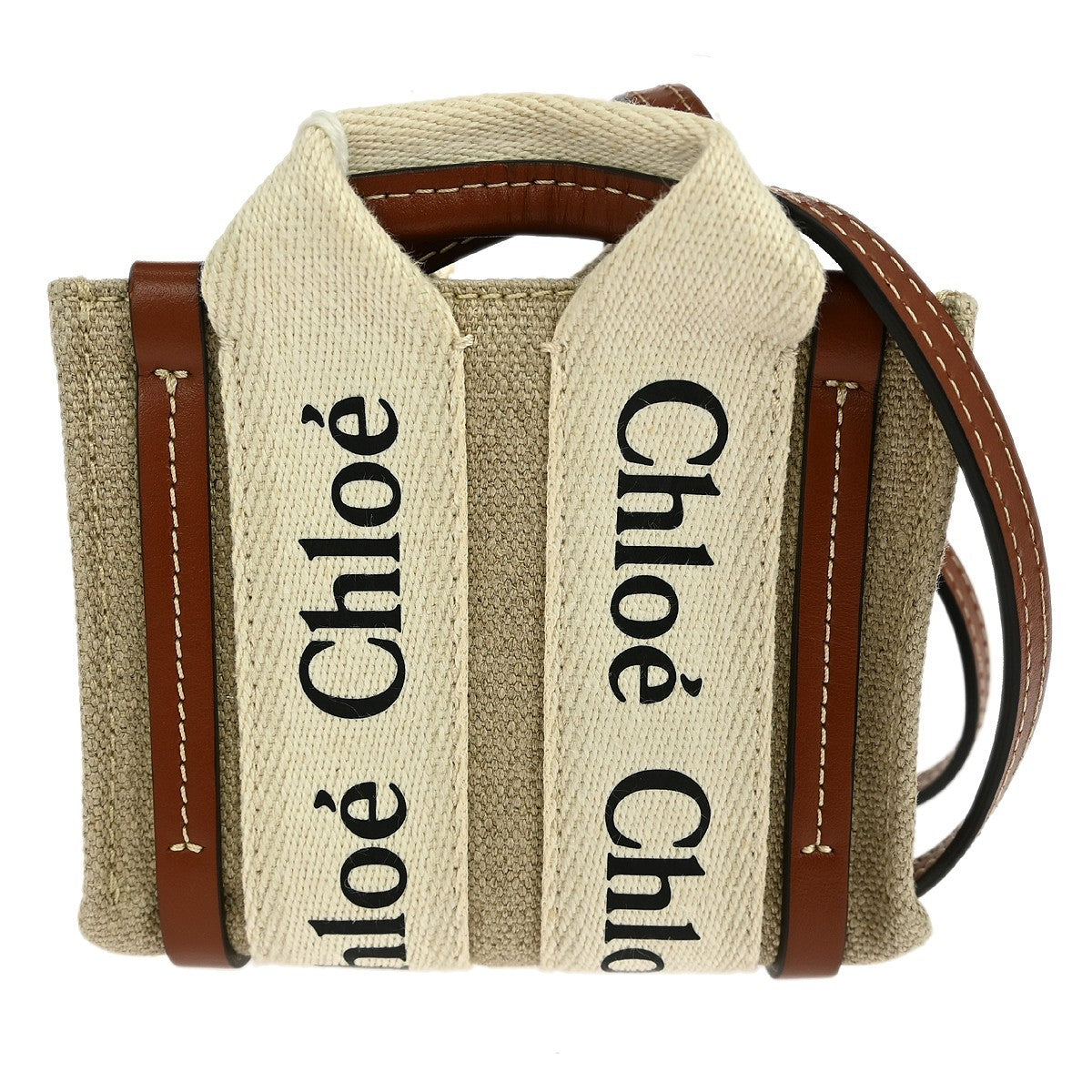 Chloe Woody Convertible Tote Canvas with Leather, BEIGE, CANVAS, Handbag