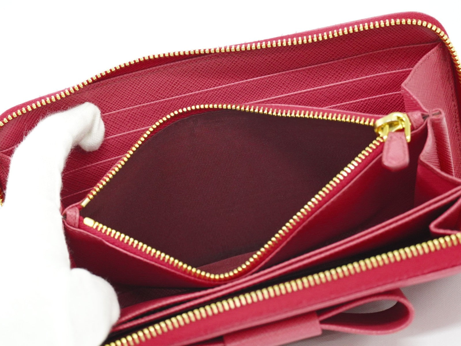 Prada Bow Zip Around Wallet Saffiano Leather, PINK, LEATHER, Wallets