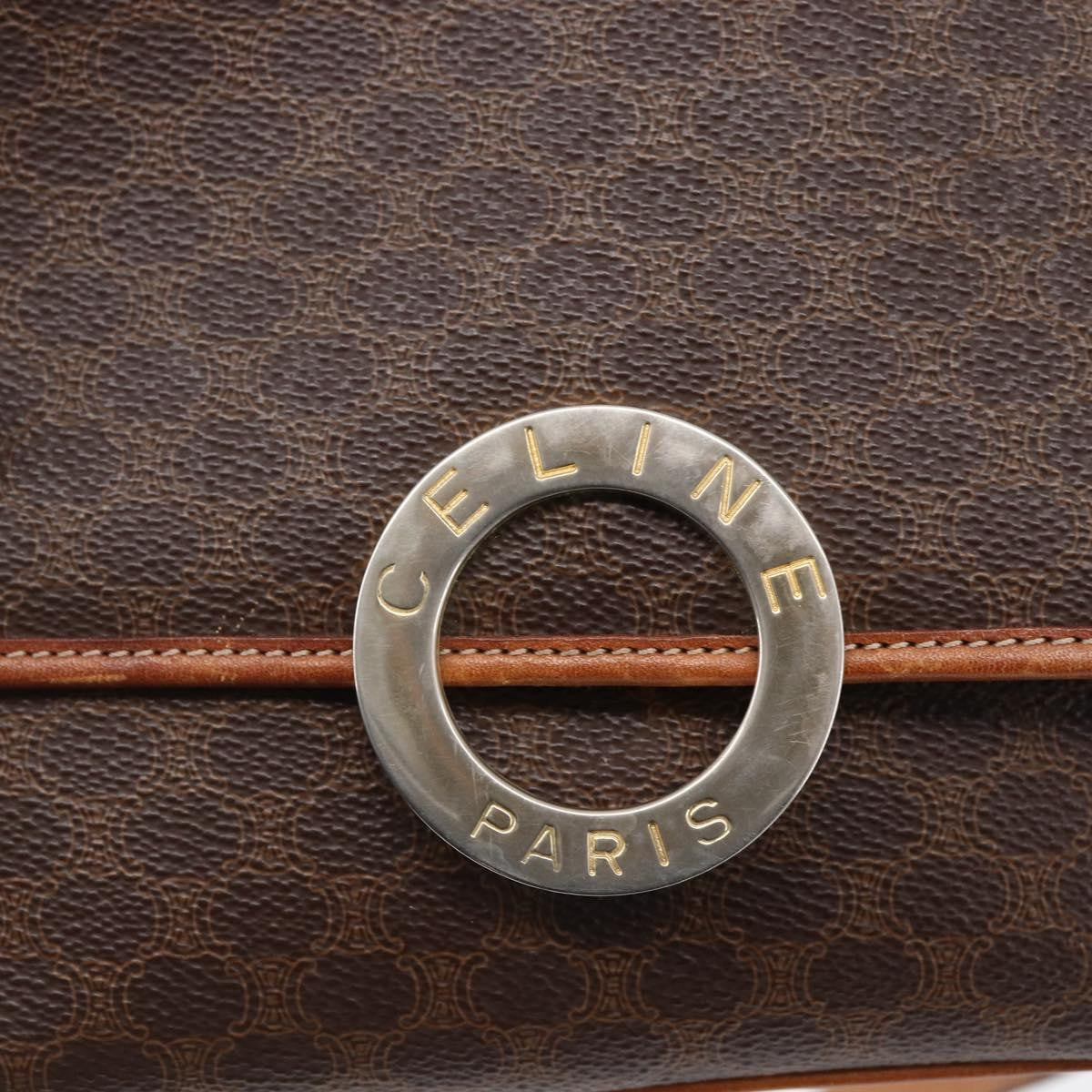 Celine Vintage Macadam Circle Logo Shoulder Bag Canvas and Leather, BROWN, CANVAS, Shoulder bag