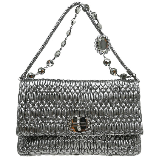 Miu Miu Nappa Matelassè Leather, Silver, Leather, Handbag