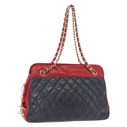 Chanel Vintage Chain Tote Quilted Lambskin, NAVY, LEATHER, Shoulder bag