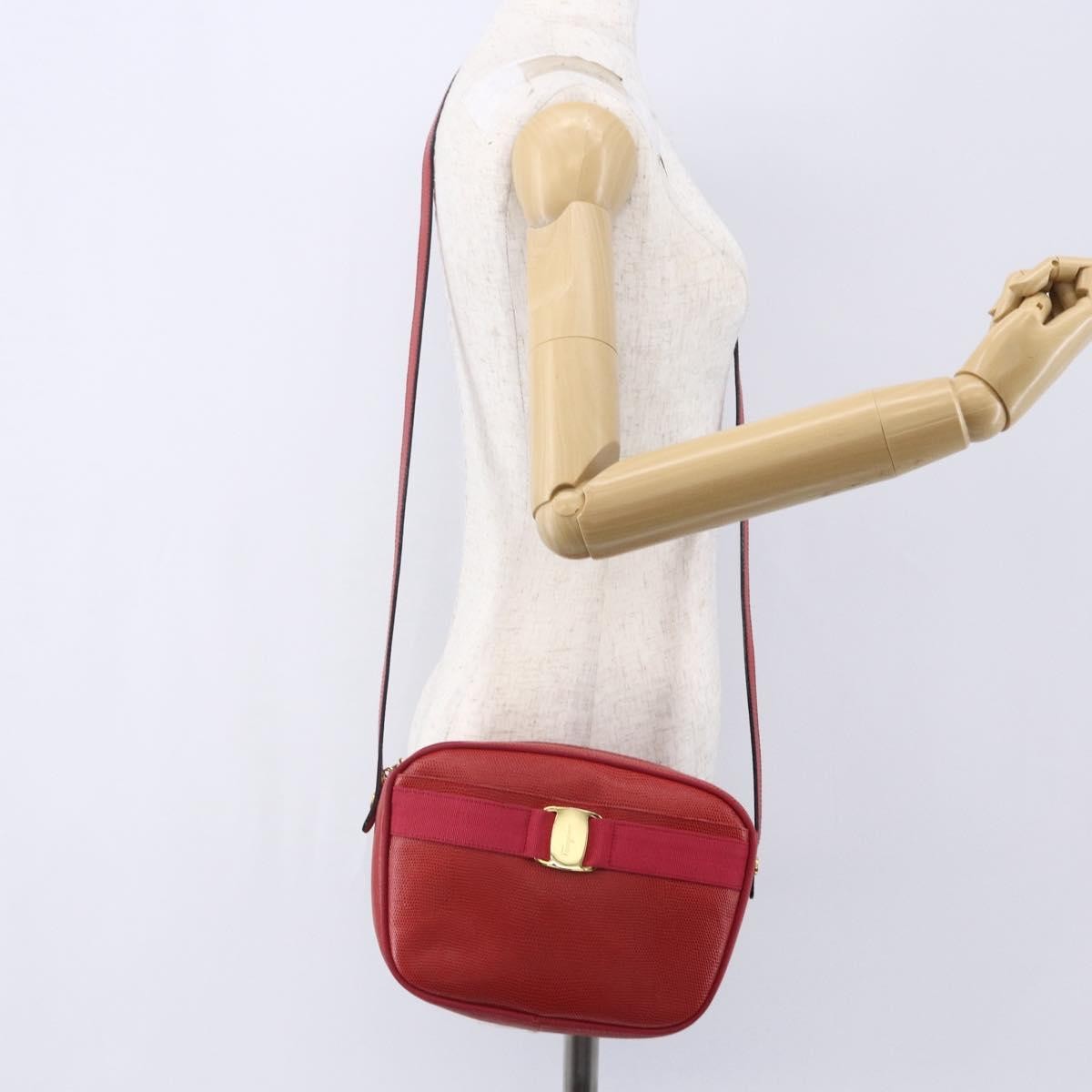 Salvatore Ferragamo Vala Shoulder Bag Embossed Leather, RED, LEATHER, Shoulder bag