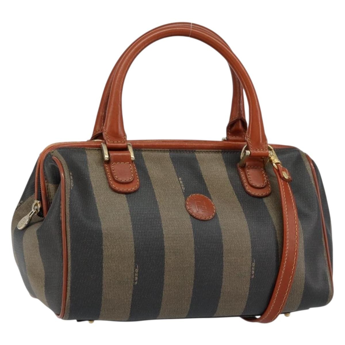 Fendi Vintage Pequin Convertible Boston Bag Coated Canvas, BLACK, CANVAS, Handbag