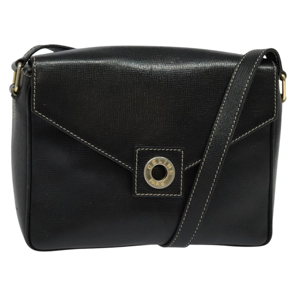 Celine Vintage Circle Logo Crossbody Bag Leather, BLACK, LEATHER, Crossbody bag
