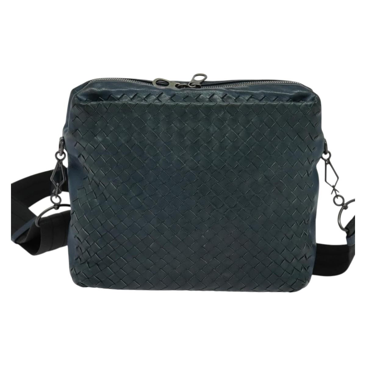 Bottega Veneta Flat Messenger Bag Intrecciato Nappa, BLUE, LEATHER, Shoulder bag