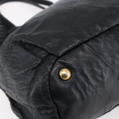 Prada Bow Tie Pleated Tote Leather, BLACK, LEATHER, Handbag