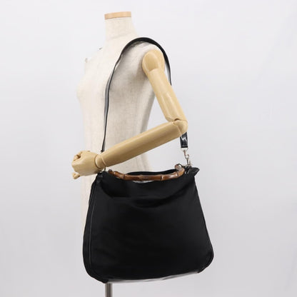 Gucci Vintage Bamboo Handle Open Hobo Nylon, BLACK, NYLON, Handbag