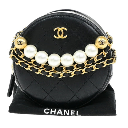 Chanel Chic Pearls Round Clutch with Chain Quilted Lambskin, BLACK, LEATHER, Shoulder bag
