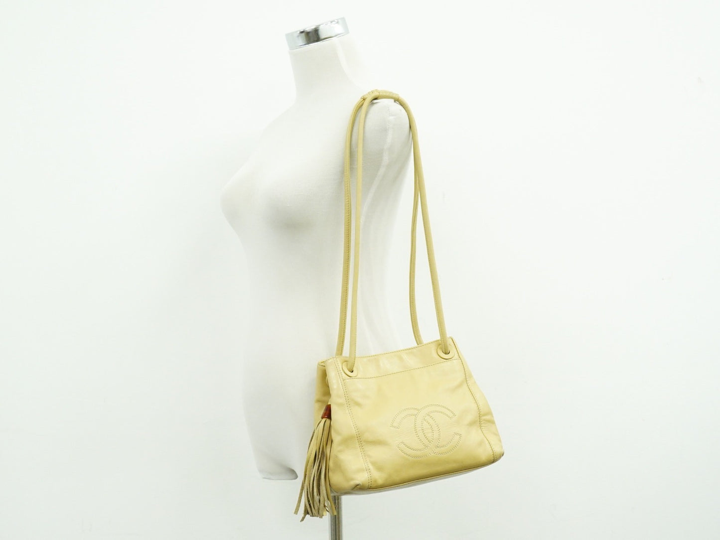 Chanel Vintage CC Tassel Shoulder Bag Lambskin, BEIGE, LEATHER, Shoulder bag