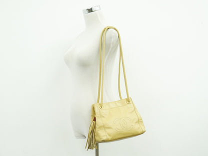 Chanel Vintage CC Tassel Shoulder Bag Lambskin, BEIGE, LEATHER, Shoulder bag