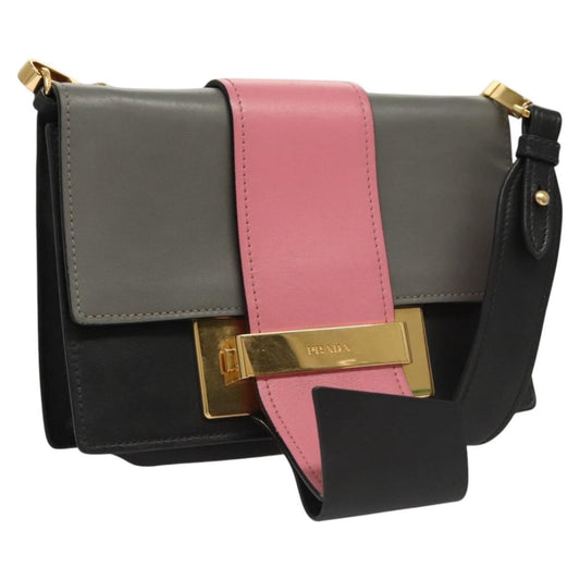 Prada Metal Ribbon Shoulder Bag City Calfskin, GRAY, LEATHER, Shoulder bag