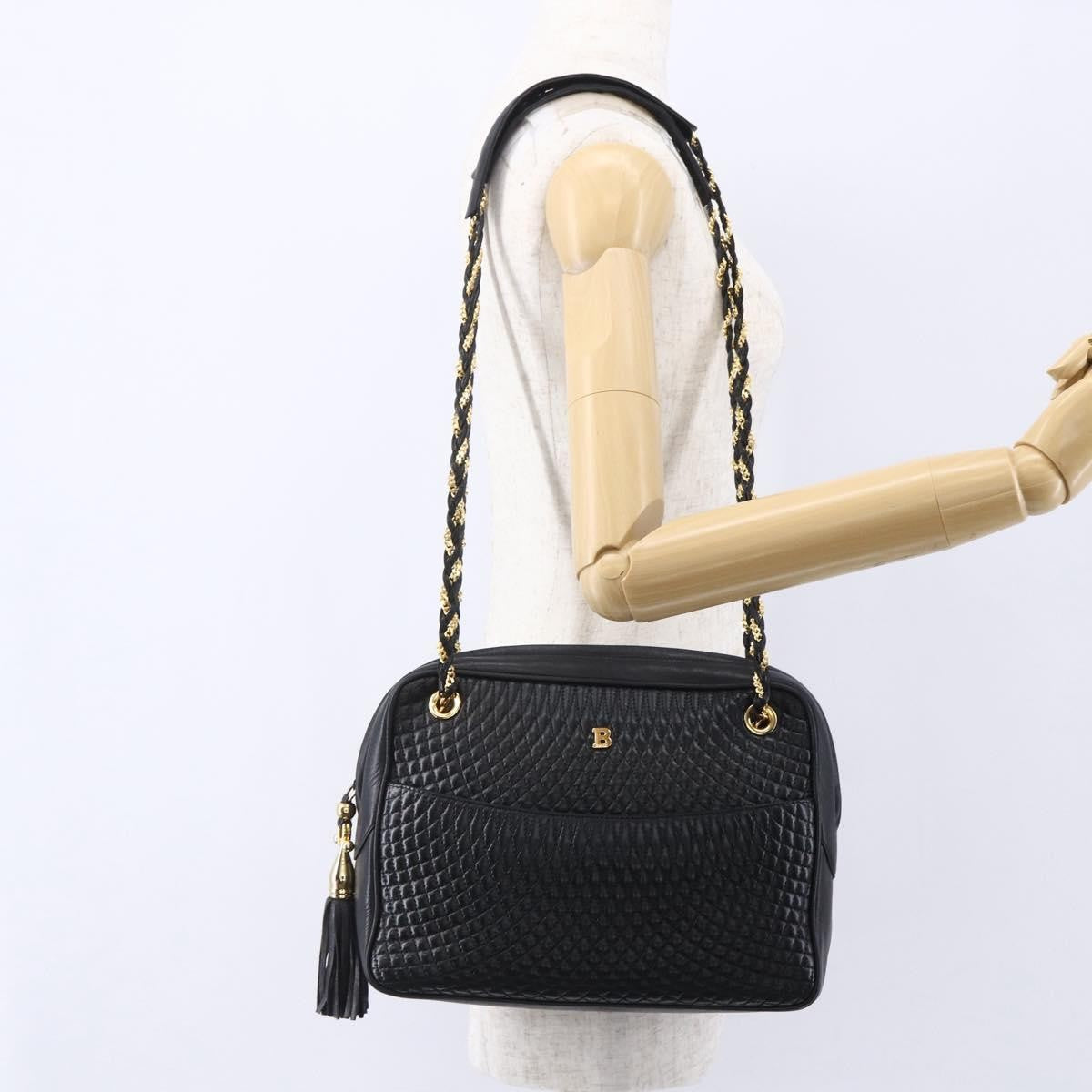 Bally Vintage Chain Shoulder Bag Quilted Leather, BLACK, LEATHER, Shoulder bag