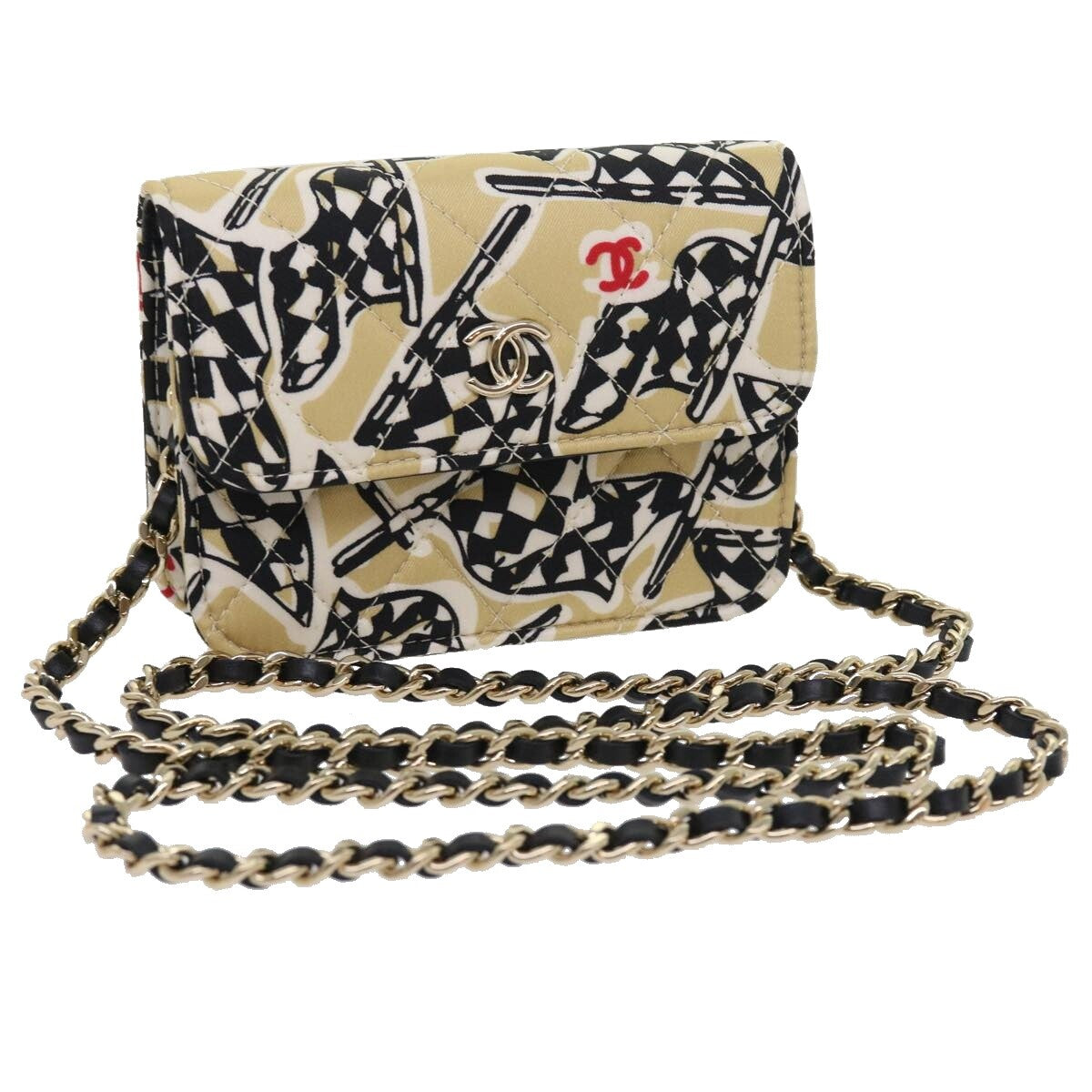 Chanel Flap Card Holder on Chain Quilted Printed Canvas, BEIGE, CANVAS, Shoulder bag
