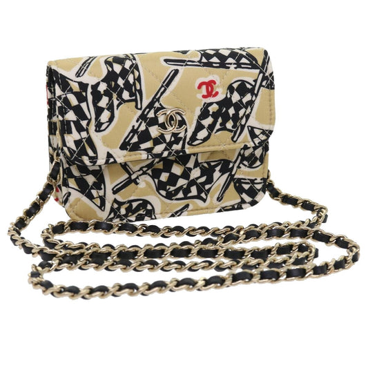 Chanel Flap Card Holder on Chain Quilted Printed Canvas, BEIGE, CANVAS, Shoulder bag