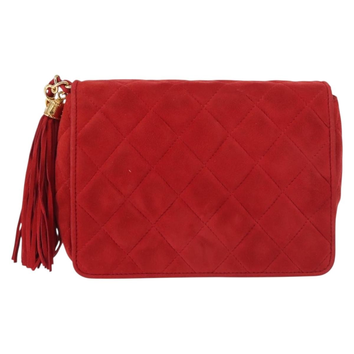 Chanel Vintage Tassel Full Flap Shoulder Bag Quilted Suede, RED, SUEDE, Shoulder bag
