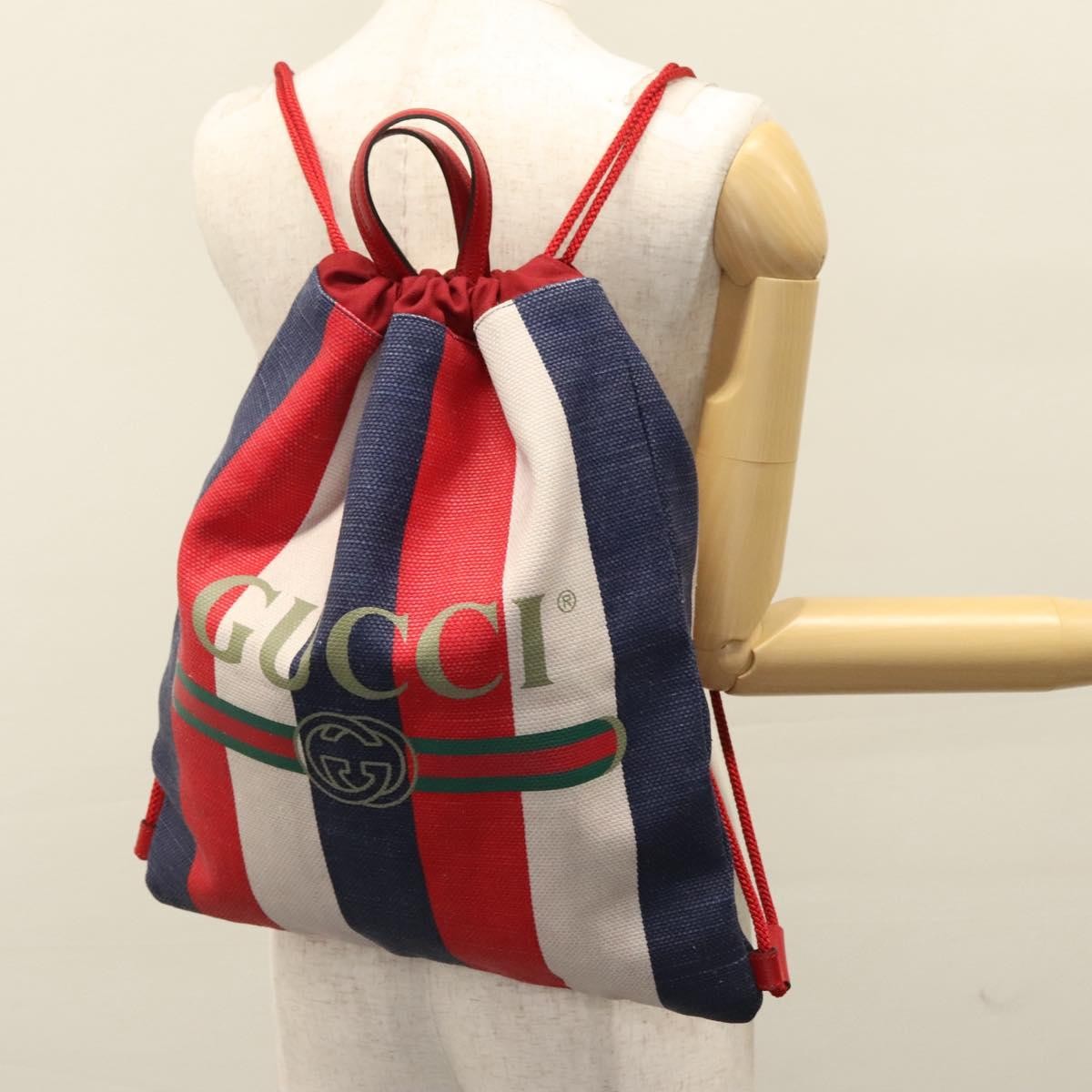 Gucci Logo Drawstring Backpack Striped Canvas, MULTICOLOUR, CANVAS, Backpack