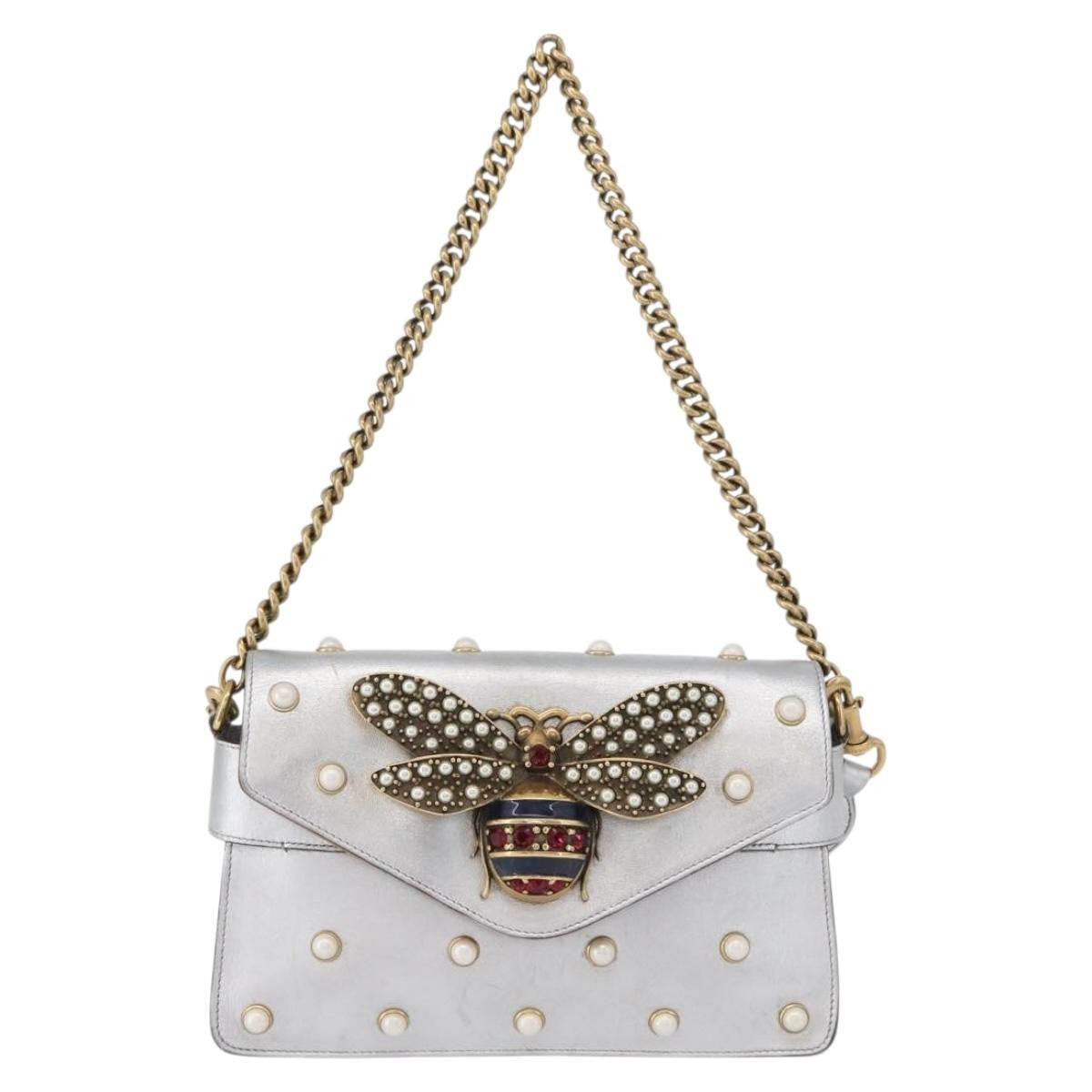 Gucci Broadway Pearly Bee Shoulder Bag Embellished Leather, SILVER, LEATHER, Shoulder bag