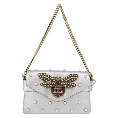 Gucci Broadway Pearly Bee Shoulder Bag Embellished Leather, SILVER, LEATHER, Shoulder bag