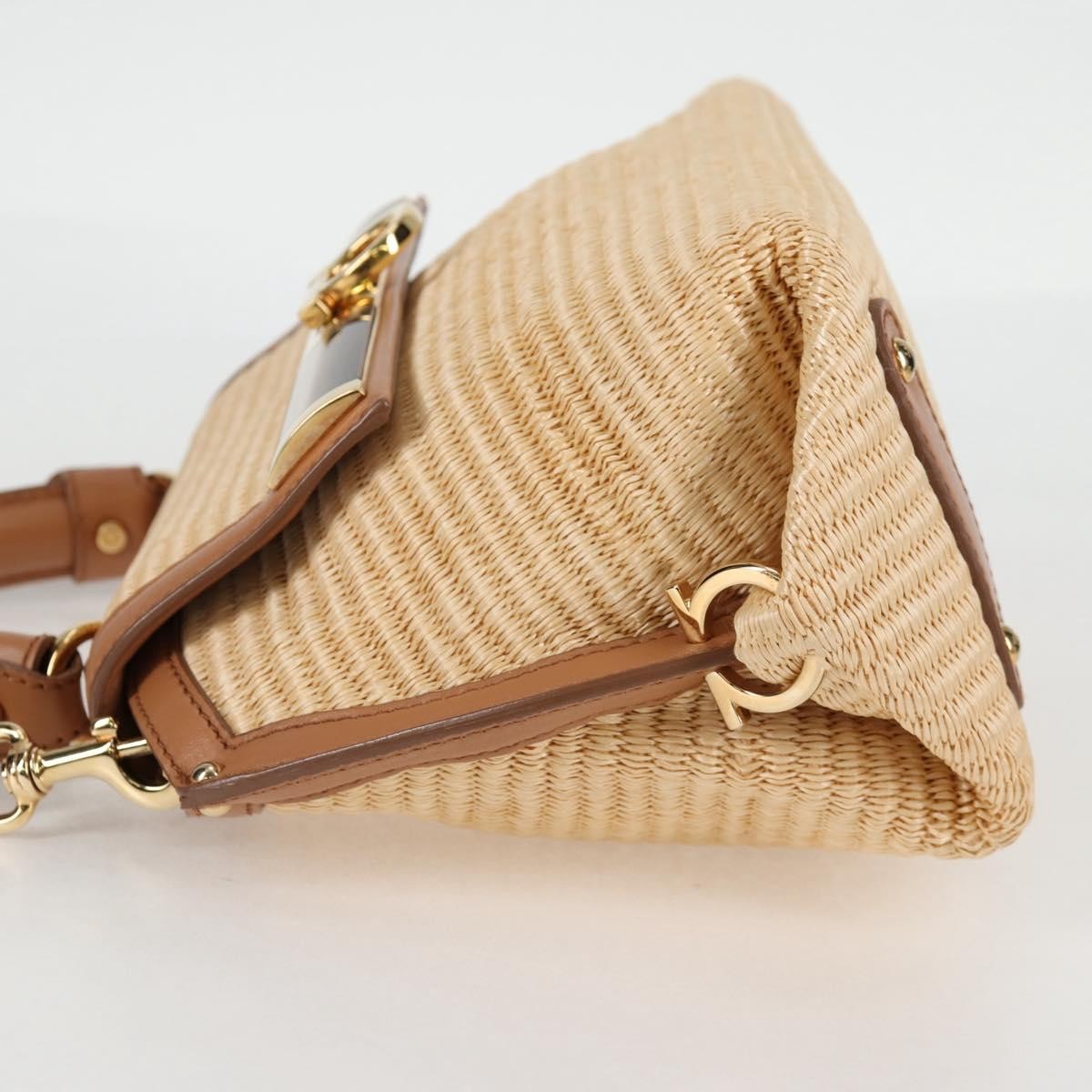 Salvatore Ferragamo Sofia Satchel Raffia with Leather, BEIGE, WOOD, Handbag