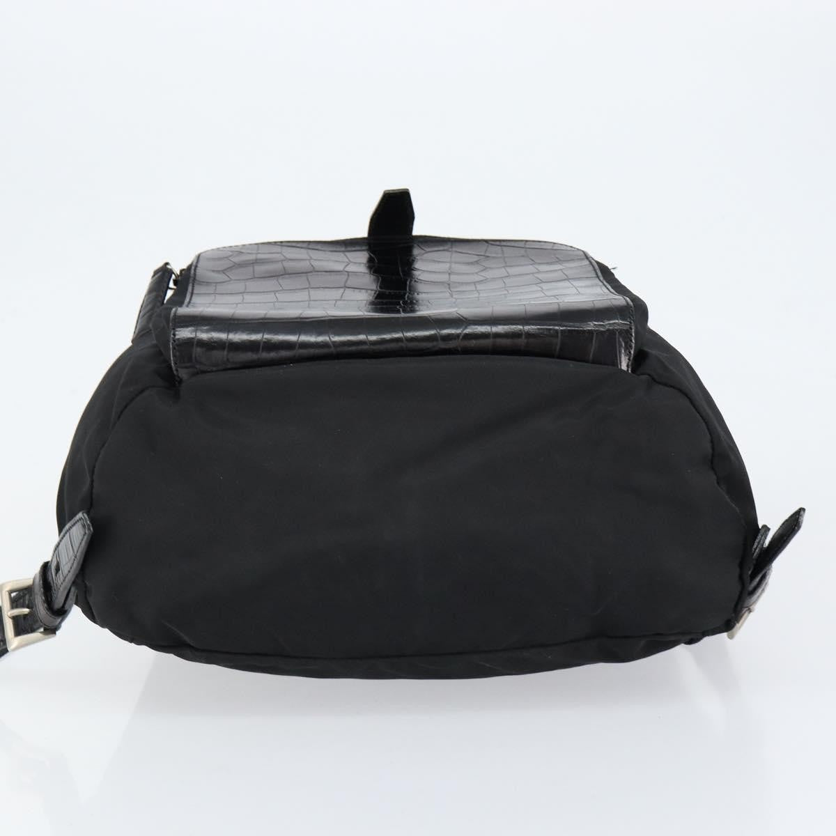 Prada Cinch Buckle Flap Backpack Tessuto with Crocodile Embossed Leather, BLACK, NYLON, Backpack