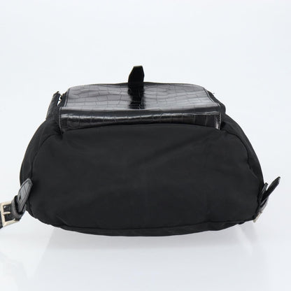 Prada Cinch Buckle Flap Backpack Tessuto with Crocodile Embossed Leather, BLACK, NYLON, Backpack
