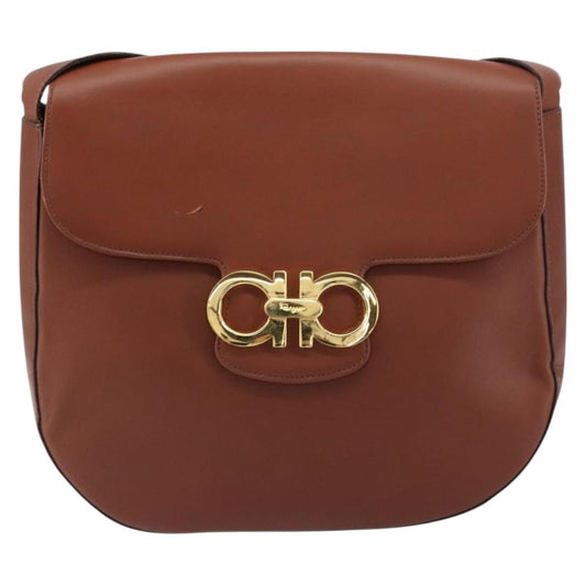 Salvatore Ferragamo Gancini Shoulder Bag Leather, BROWN, LEATHER, Shoulder bag