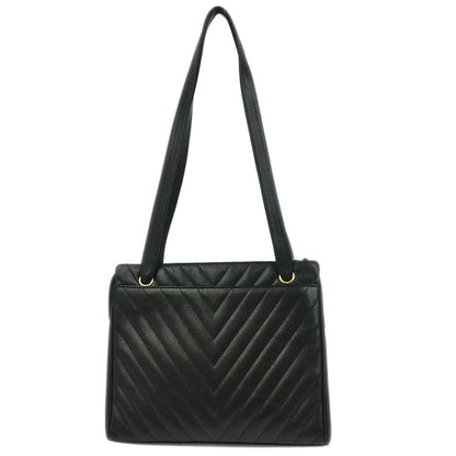 Chanel Vintage Zip Shoulder Bag Chevron Caviar, Black, Leather, Shoulder Bag