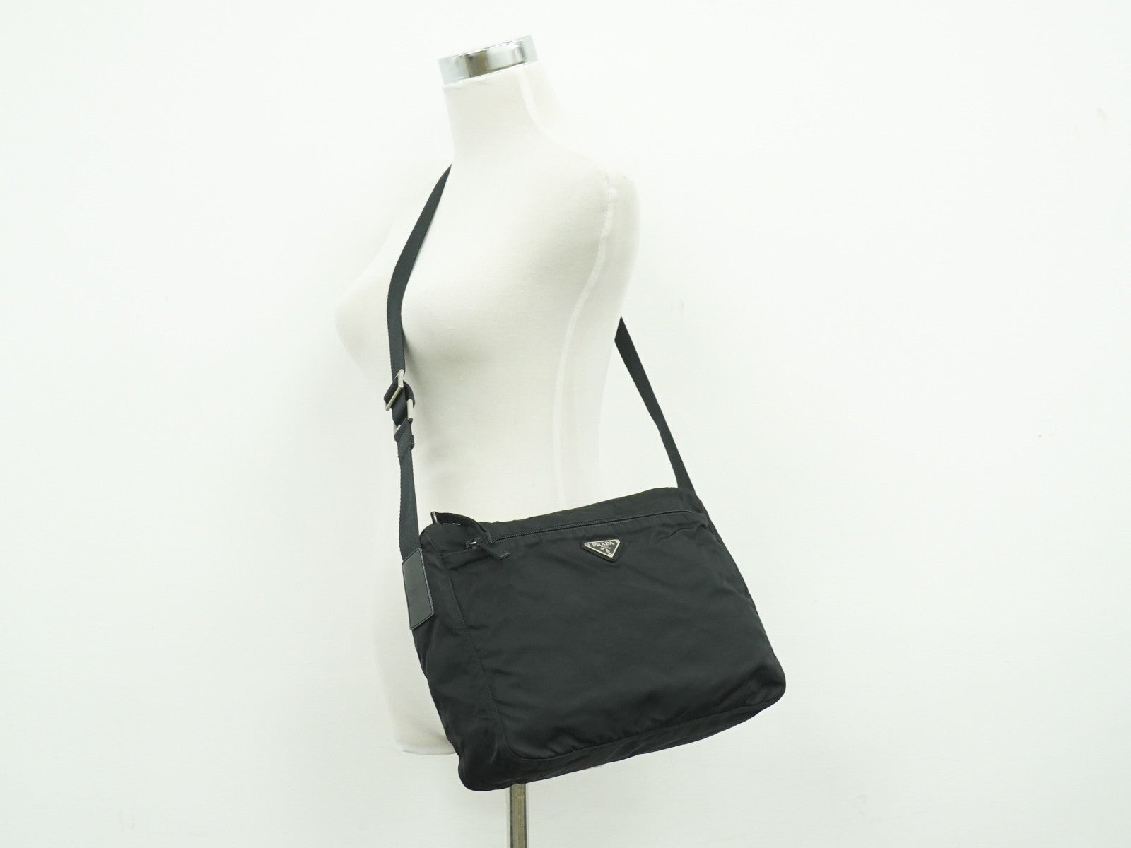 Prada Front Zip Messenger Bag Tessuto, Black, Nylon, Shoulder Bag