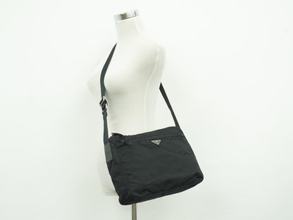 Prada Front Zip Messenger Bag Tessuto, Black, Nylon, Shoulder Bag