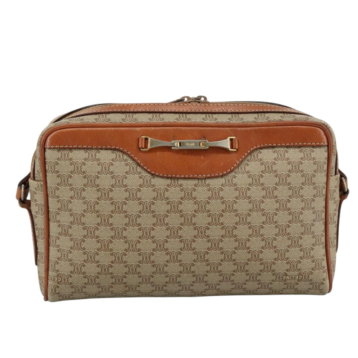 Celine Vintage Macadam Shoulder Bag Canvas and Leather, Beige, Canvas, Shoulder Bag