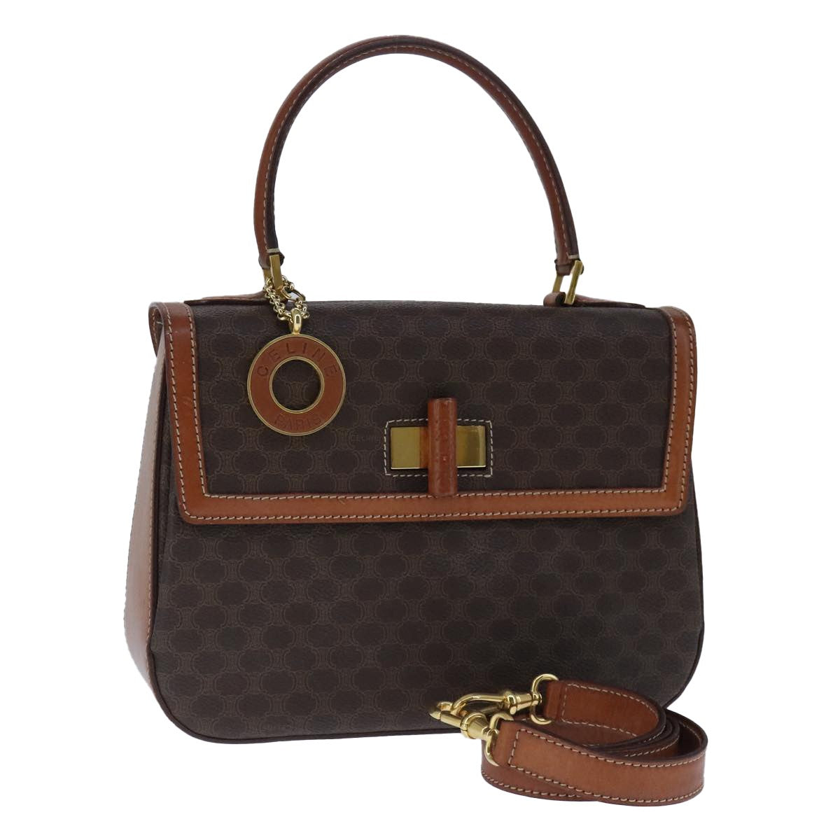 Celine Vintage Convertible Top Handle Bag Macadam Coated Canvas, Brown, Canvas, Handbag