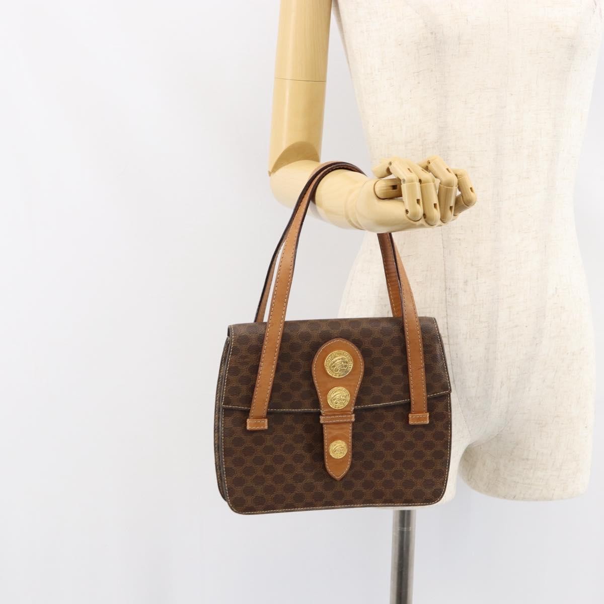 Celine Vintage Macadam Handbag Canvas and Leather, BROWN, CANVAS, Handbag