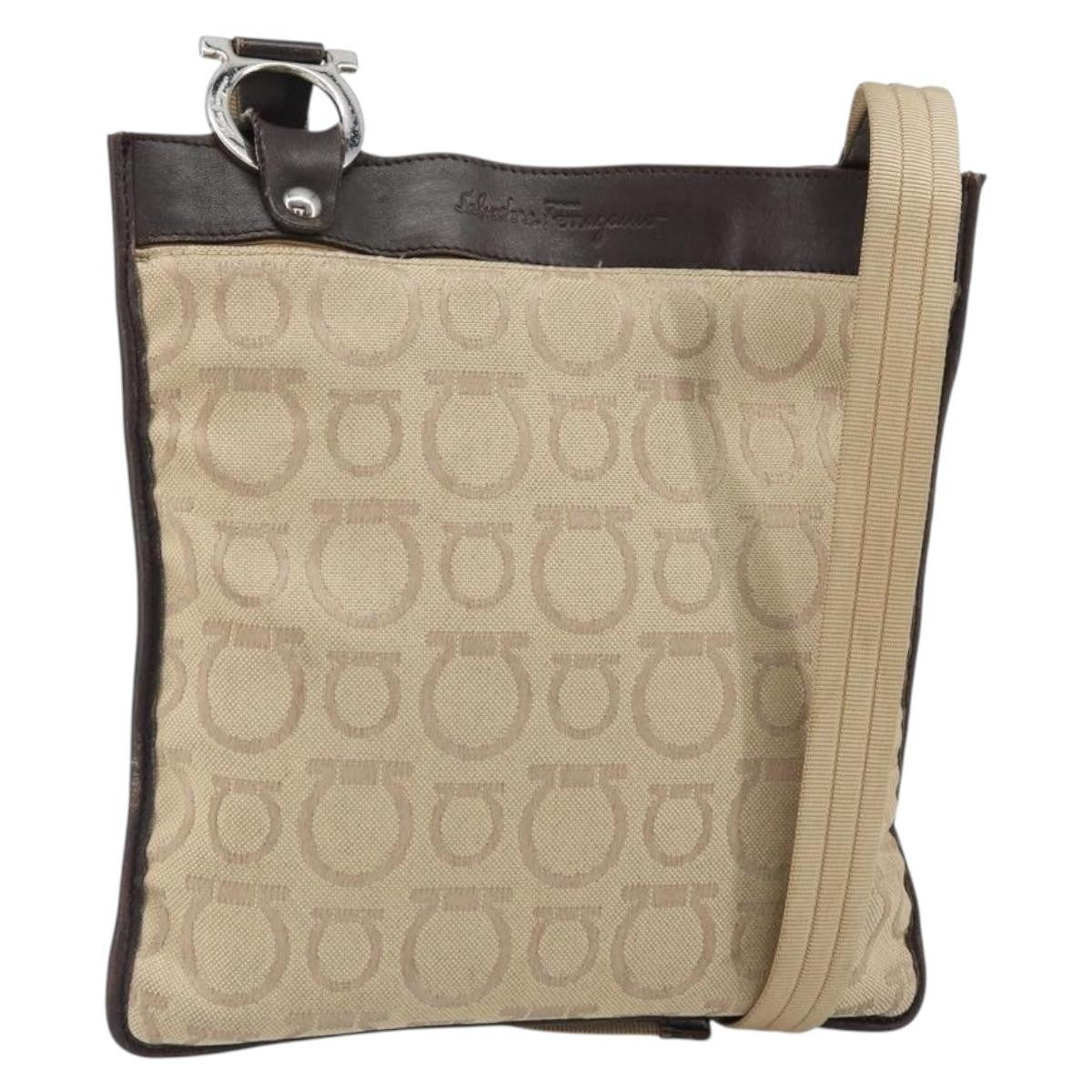 Salvatore Ferragamo Gancini Shoulder Bag Canvas, BEIGE, CANVAS, Shoulder bag