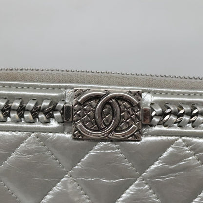 Chanel Boy Zip Jacket Wallet Quilted Calfskin, SILVER, LEATHER, Wallets