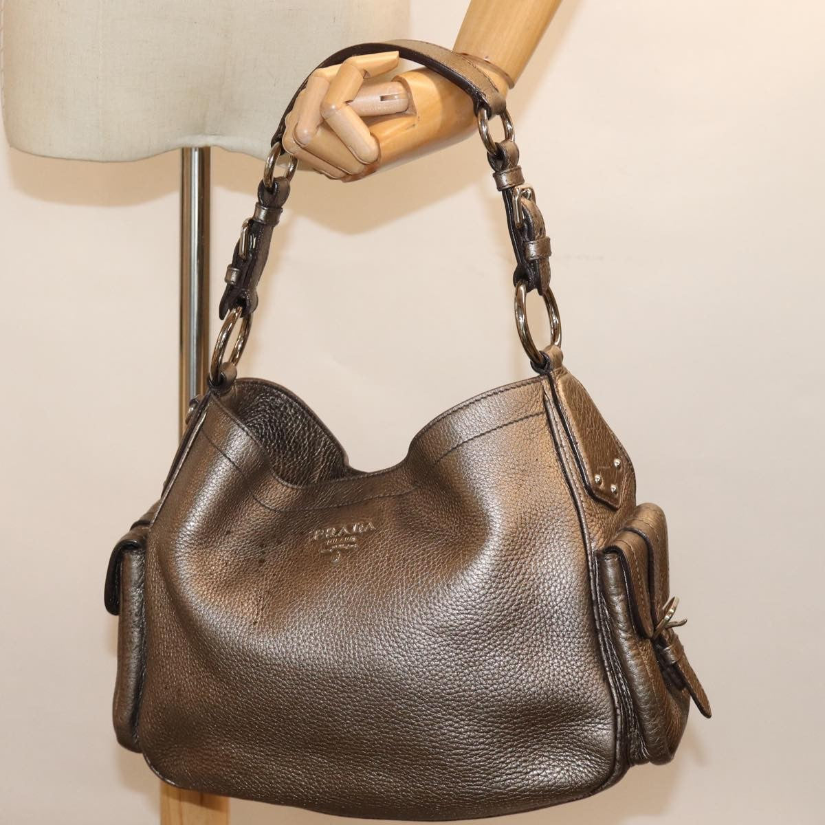 Prada Belted Hobo Vitello Daino, SILVER, LEATHER, Shoulder bag