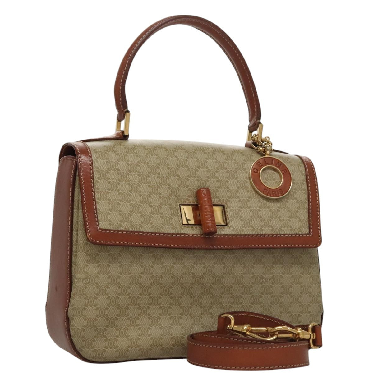 Celine Vintage Convertible Top Handle Bag Macadam Coated Canvas, BEIGE, CANVAS, Handbag