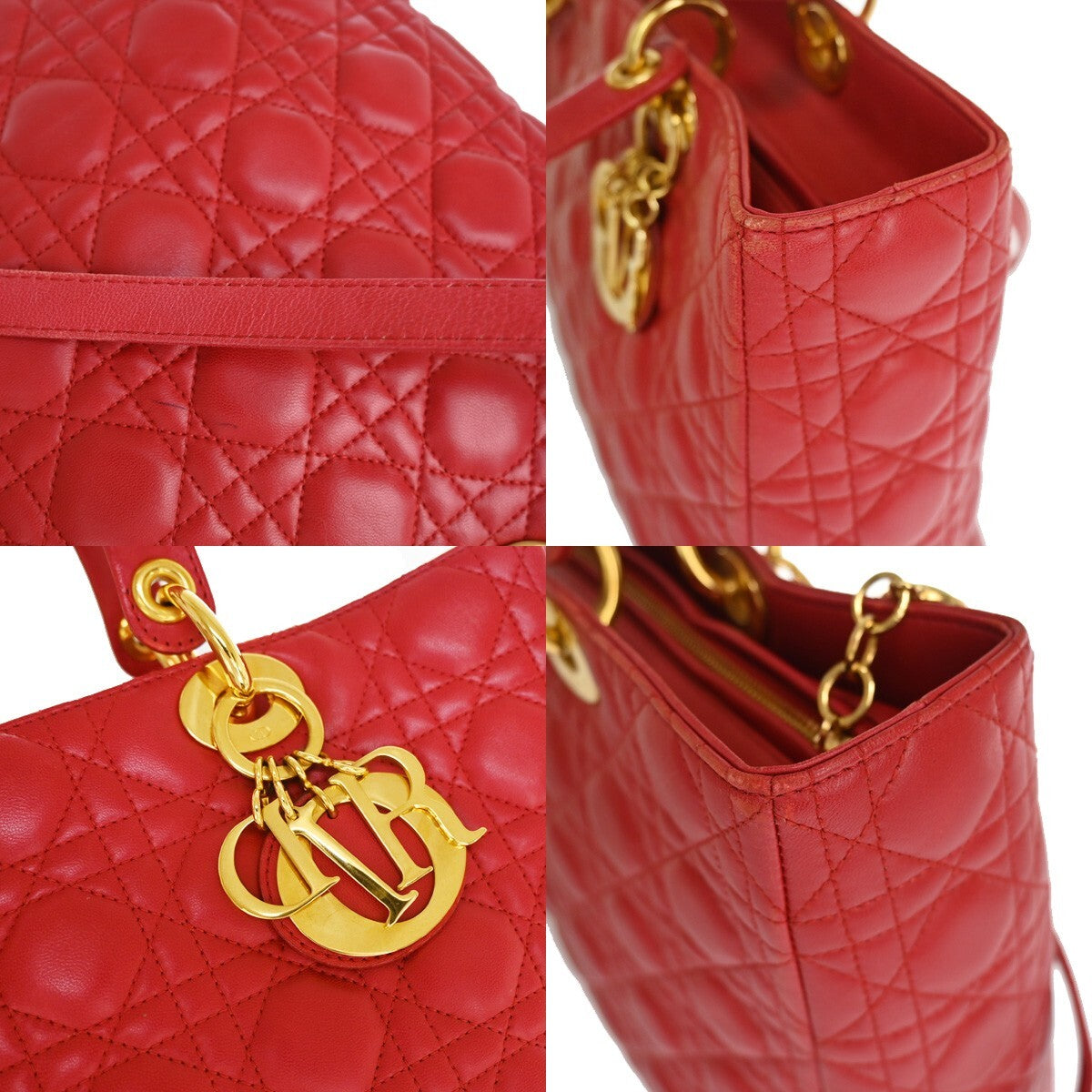 Christian Dior Vintage Lady Dior Bag Cannage Quilt Lambskin, Red, Leather, Handbag