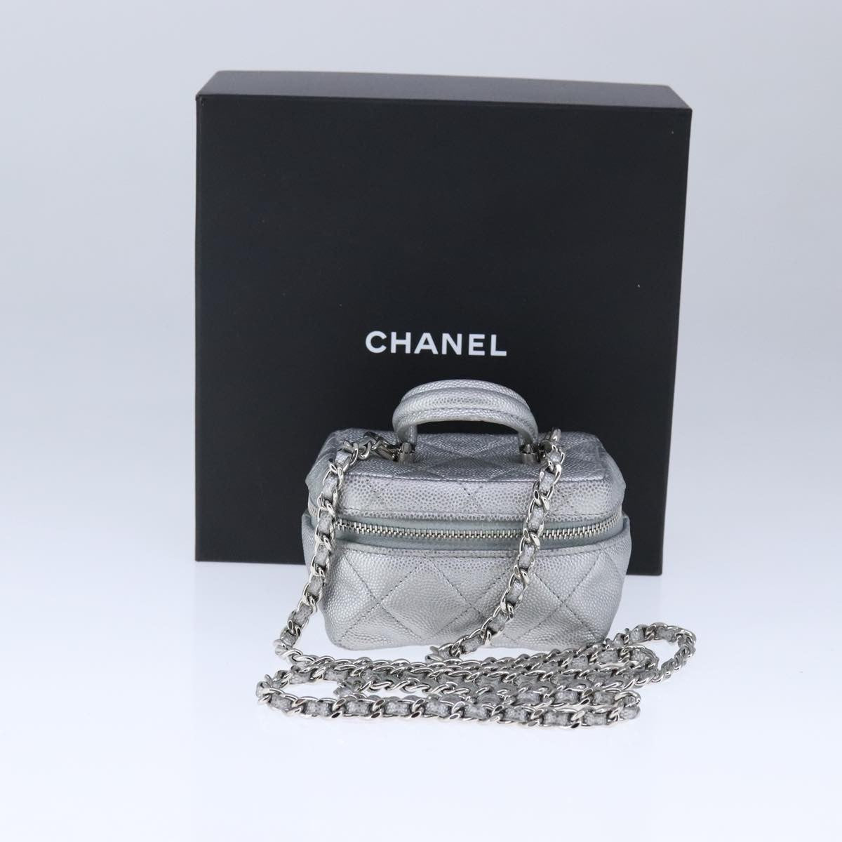 Chanel Classic Vanity Case with Chain Quilted Caviar, Silver, Leather, Shoulder Bag