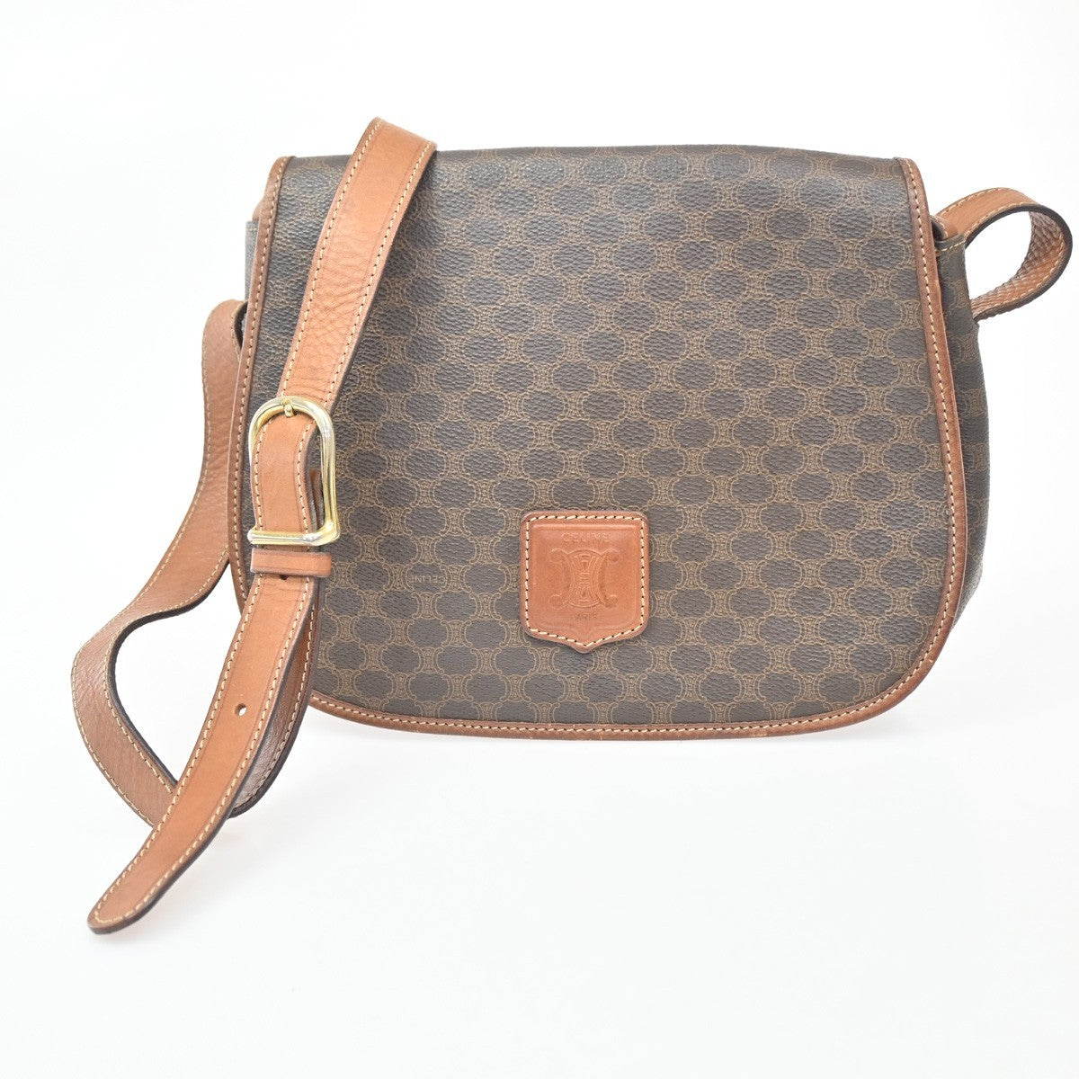 Celine Vintage Macadam Shoulder Bag Canvas and Leather, BROWN, CANVAS, Shoulder bag