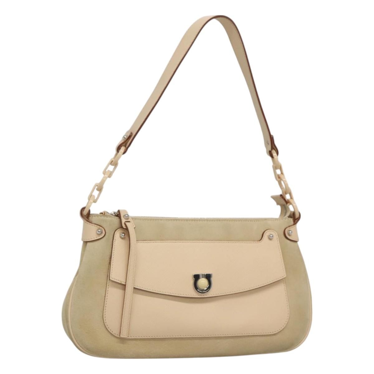 Salvatore Ferragamo Gancini Shoulder Bag Suede, BEIGE, SUEDE, Shoulder bag