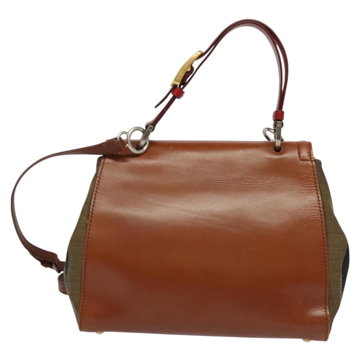 Fendi Silvana Bag Leather with Pequin Canvas, BROWN, LEATHER, Shoulder bag