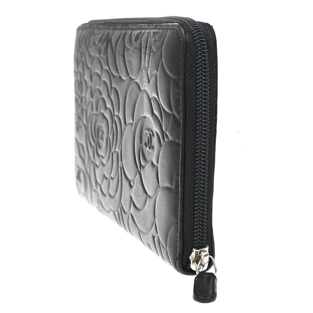 Chanel Camellia Zip Around Organizer Leather, Black, Leather, Wallet