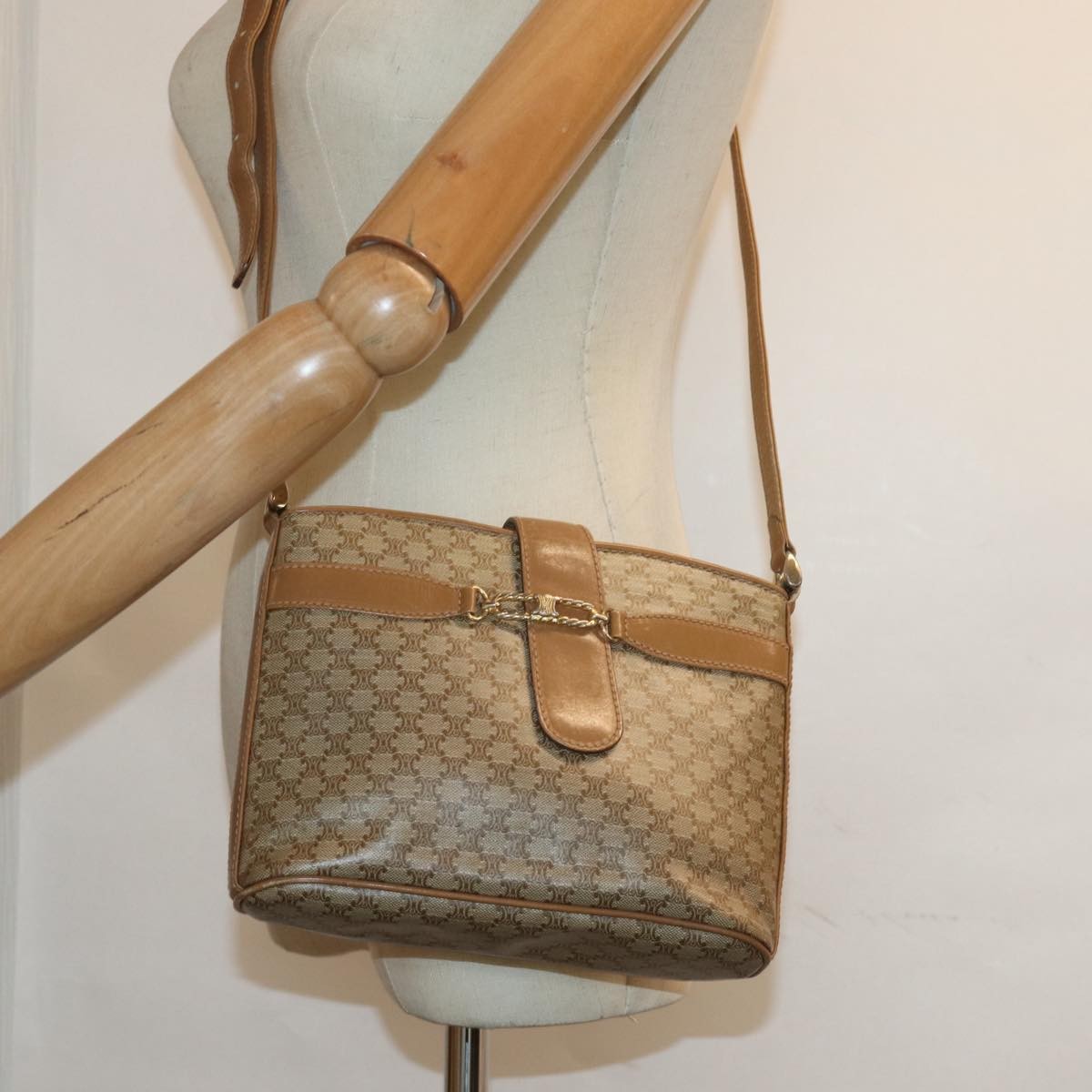 Celine Macadam Shoulder Bag Canvas, BEIGE, CANVAS, Shoulder bag