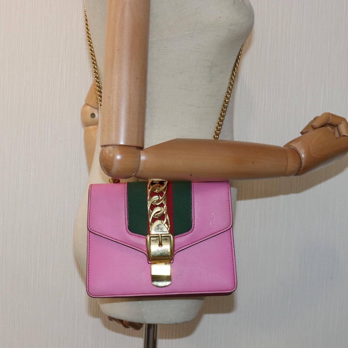 Gucci Sylvie Chain Shoulder Bag Leather, PINK, LEATHER, Shoulder bag